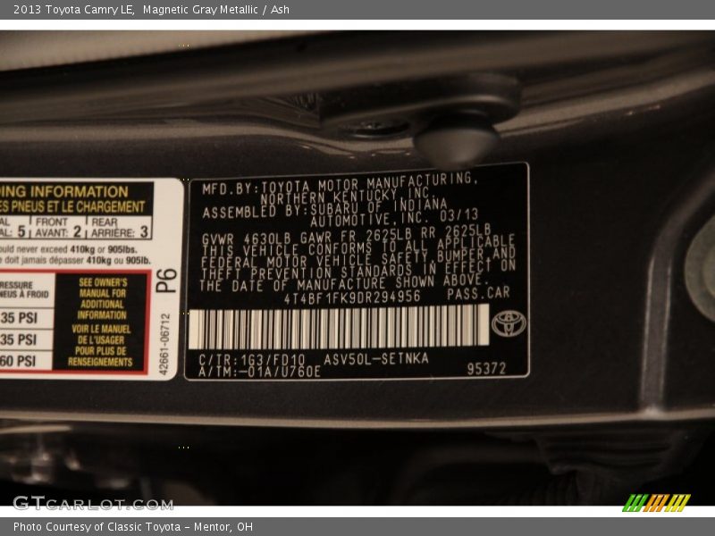 Magnetic Gray Metallic / Ash 2013 Toyota Camry LE