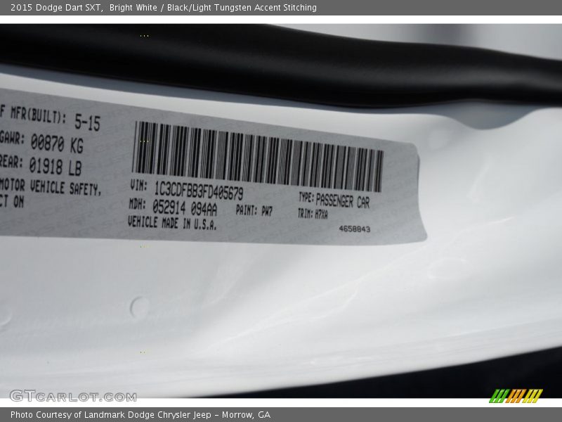 Bright White / Black/Light Tungsten Accent Stitching 2015 Dodge Dart SXT