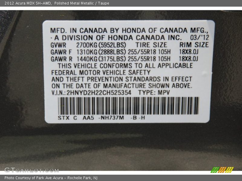 Polished Metal Metallic / Taupe 2012 Acura MDX SH-AWD