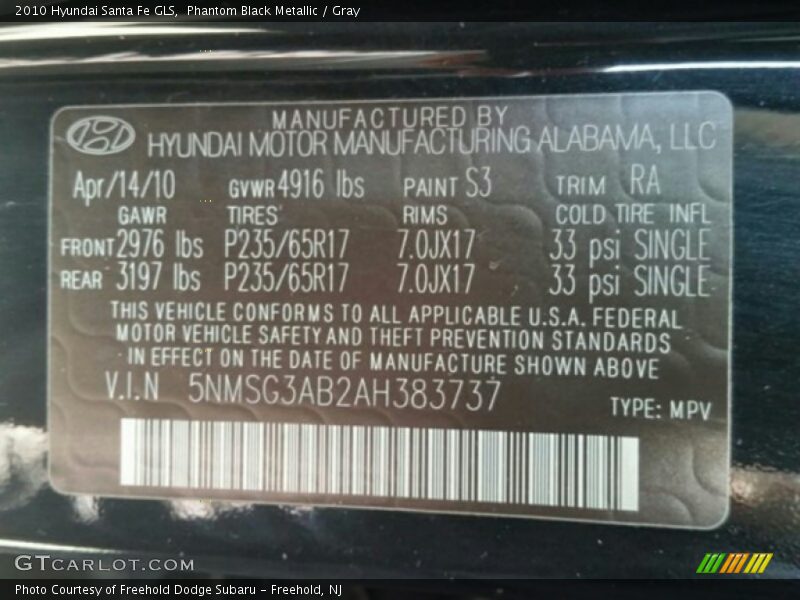 Phantom Black Metallic / Gray 2010 Hyundai Santa Fe GLS