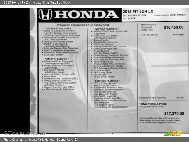 Aegean Blue Metallic / Black 2015 Honda Fit LX