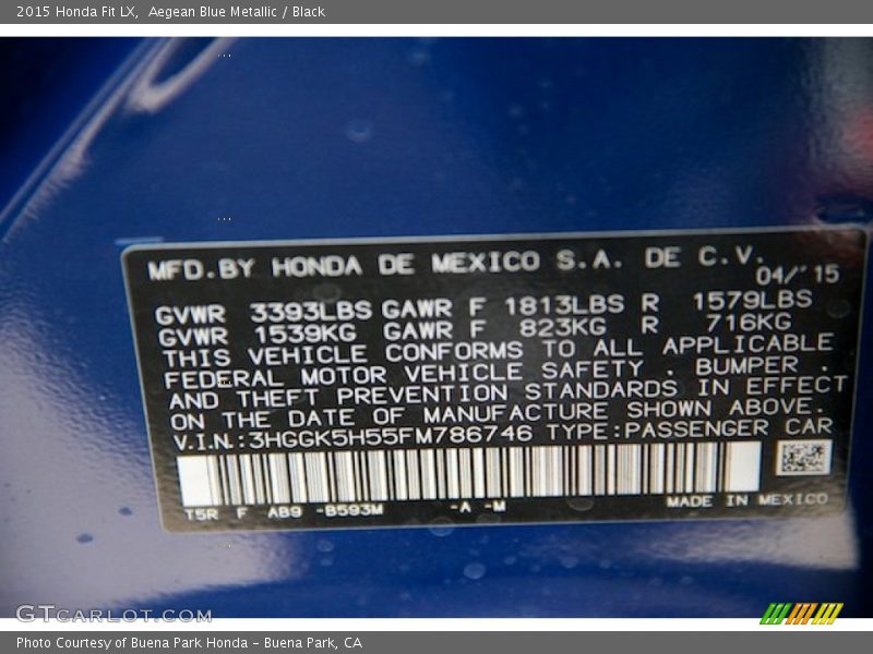 Aegean Blue Metallic / Black 2015 Honda Fit LX