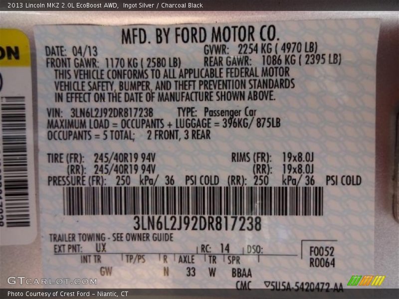 Ingot Silver / Charcoal Black 2013 Lincoln MKZ 2.0L EcoBoost AWD