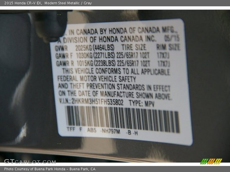 Modern Steel Metallic / Gray 2015 Honda CR-V EX