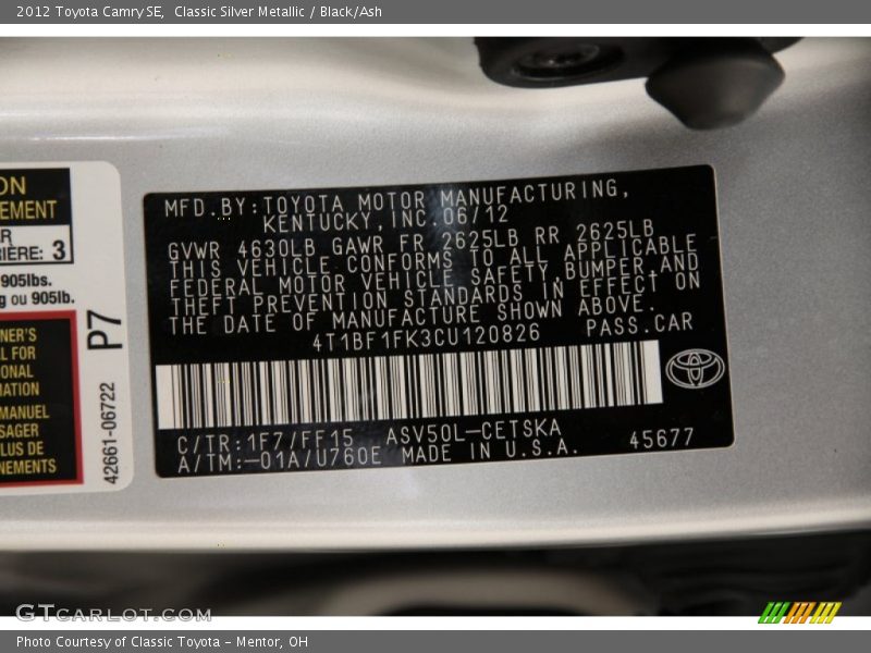 Classic Silver Metallic / Black/Ash 2012 Toyota Camry SE