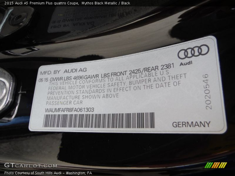 Mythos Black Metallic / Black 2015 Audi A5 Premium Plus quattro Coupe