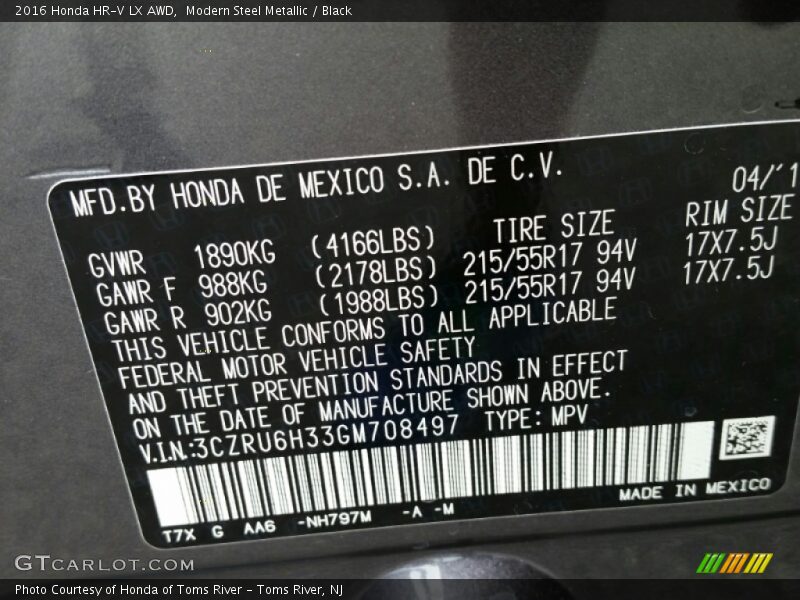 Modern Steel Metallic / Black 2016 Honda HR-V LX AWD