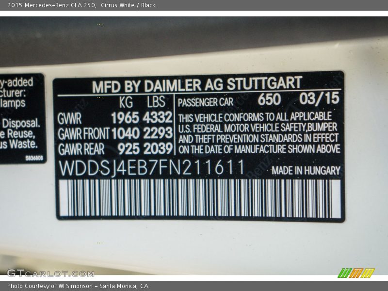 Cirrus White / Black 2015 Mercedes-Benz CLA 250