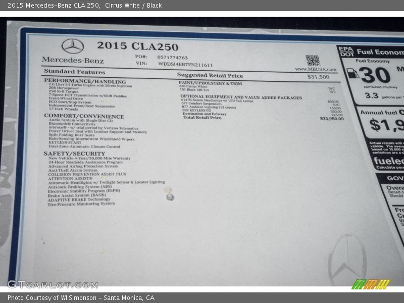 Cirrus White / Black 2015 Mercedes-Benz CLA 250