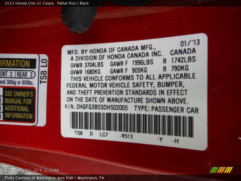 Rallye Red / Black 2013 Honda Civic LX Coupe
