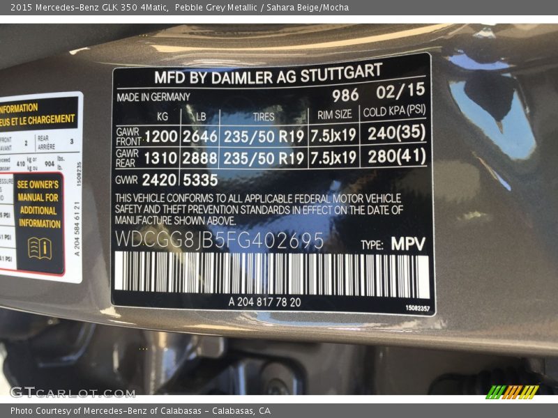 Pebble Grey Metallic / Sahara Beige/Mocha 2015 Mercedes-Benz GLK 350 4Matic
