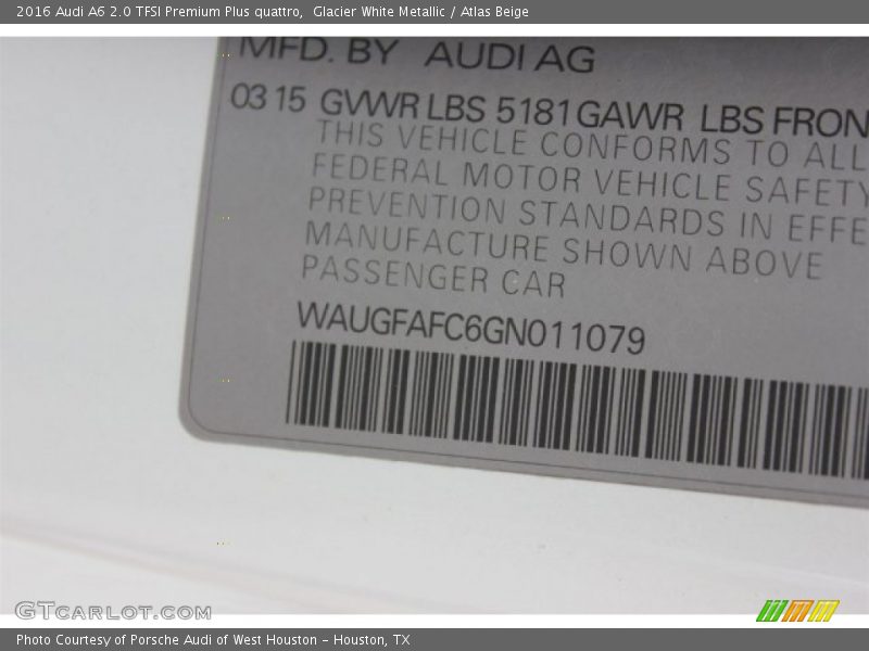 Glacier White Metallic / Atlas Beige 2016 Audi A6 2.0 TFSI Premium Plus quattro
