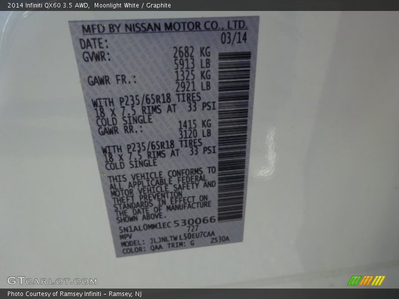 Moonlight White / Graphite 2014 Infiniti QX60 3.5 AWD