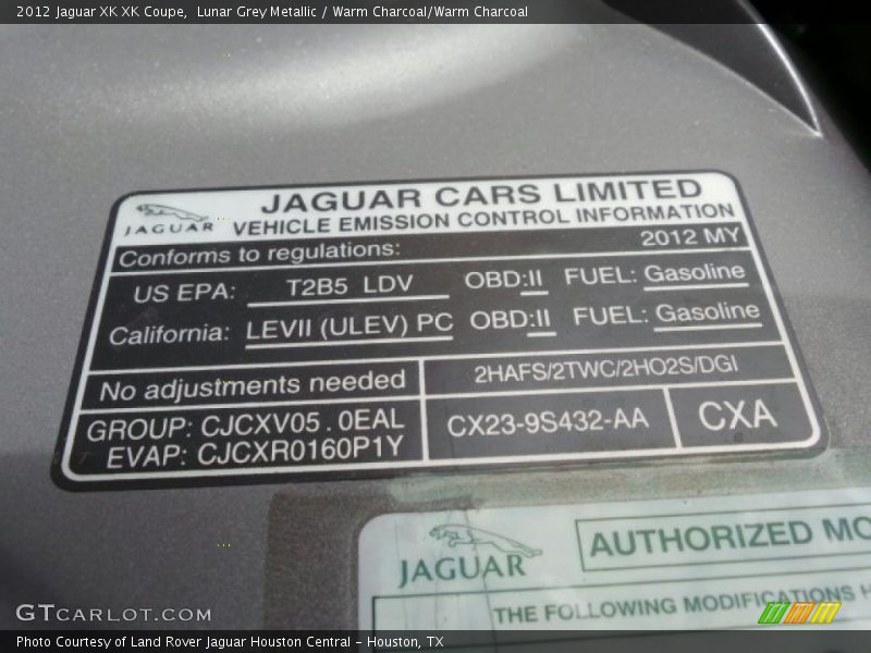 Lunar Grey Metallic / Warm Charcoal/Warm Charcoal 2012 Jaguar XK XK Coupe