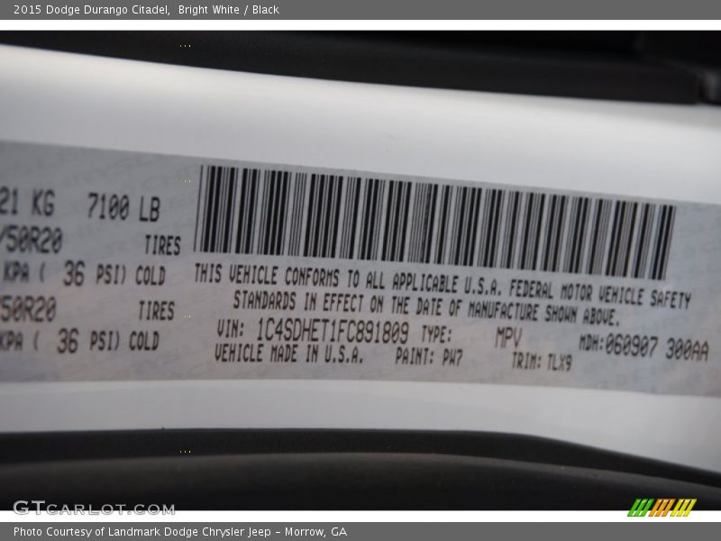 Bright White / Black 2015 Dodge Durango Citadel