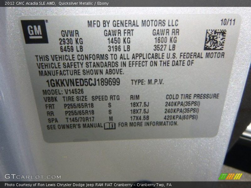 Quicksilver Metallic / Ebony 2012 GMC Acadia SLE AWD