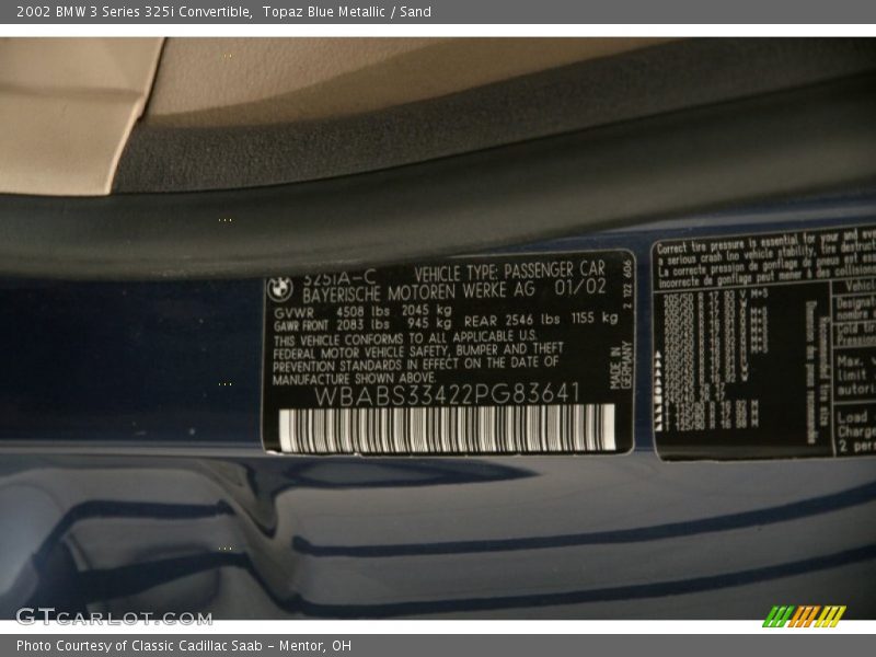 Topaz Blue Metallic / Sand 2002 BMW 3 Series 325i Convertible