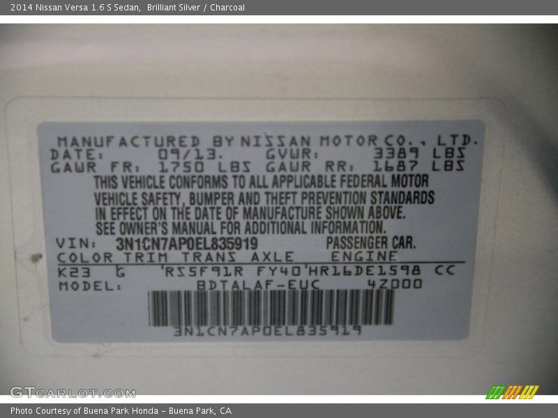 Brilliant Silver / Charcoal 2014 Nissan Versa 1.6 S Sedan