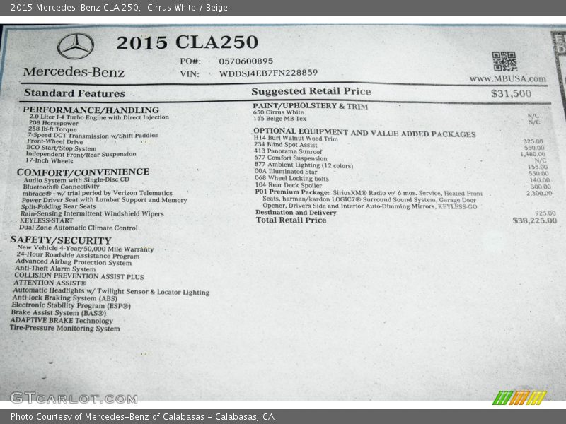 Cirrus White / Beige 2015 Mercedes-Benz CLA 250