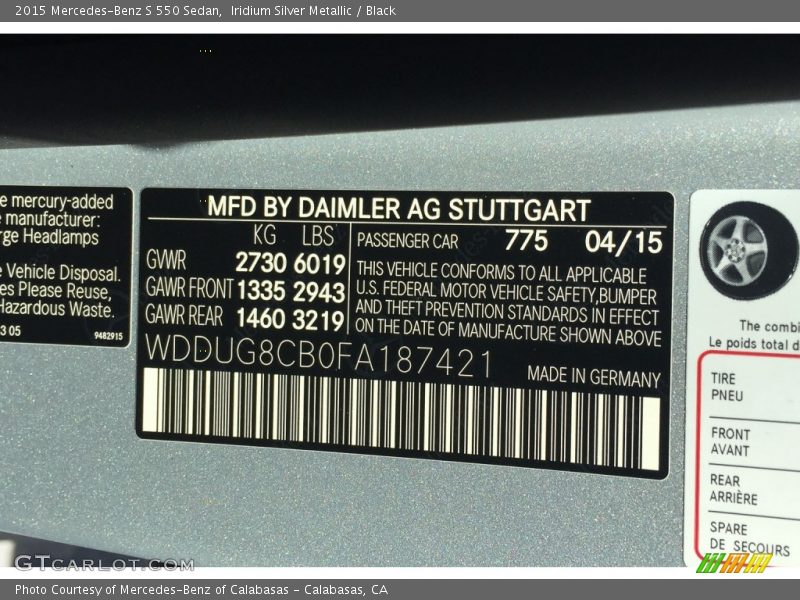 Iridium Silver Metallic / Black 2015 Mercedes-Benz S 550 Sedan