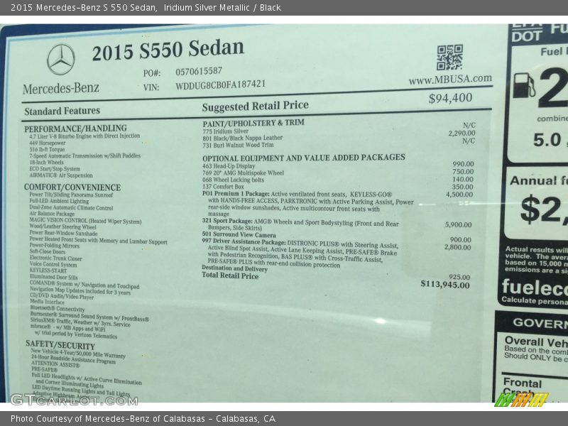 Iridium Silver Metallic / Black 2015 Mercedes-Benz S 550 Sedan