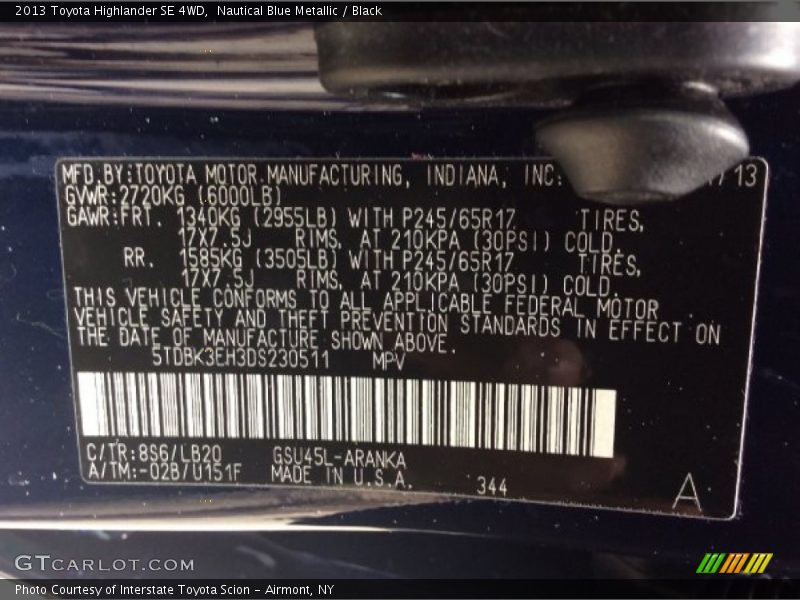 2013 Highlander SE 4WD Nautical Blue Metallic Color Code 8S6