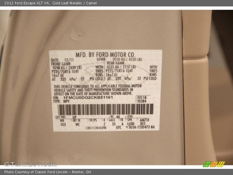 Gold Leaf Metallic / Camel 2012 Ford Escape XLT V6