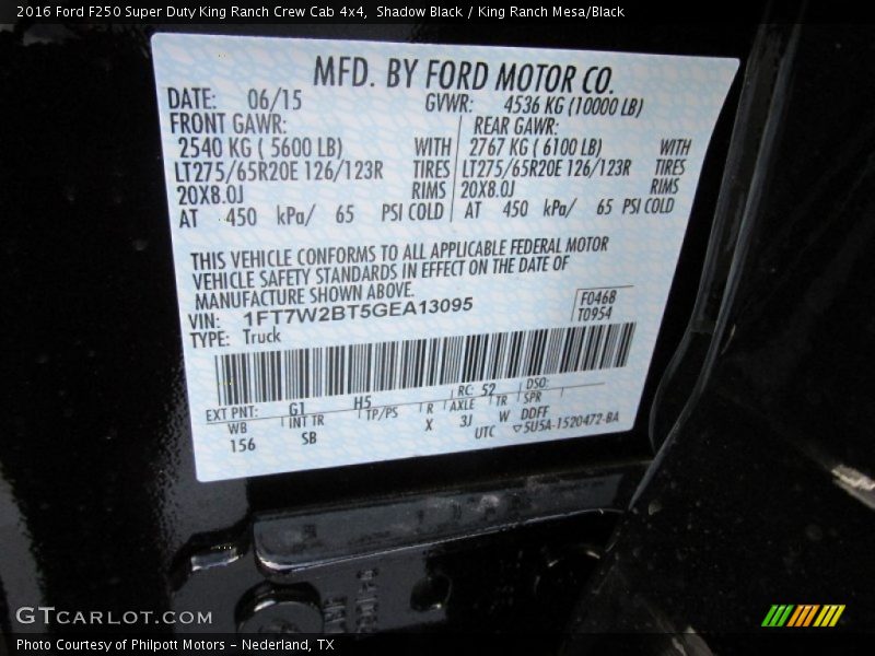 2016 F250 Super Duty King Ranch Crew Cab 4x4 Shadow Black Color Code G1