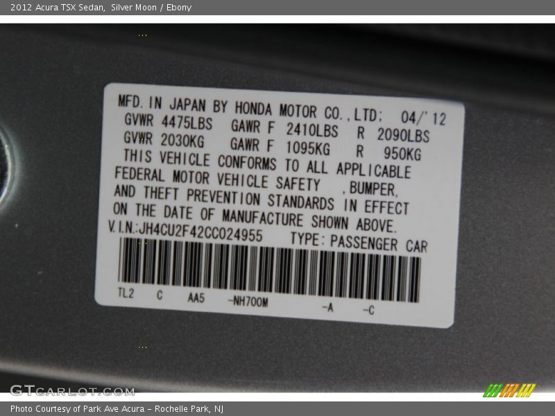 Silver Moon / Ebony 2012 Acura TSX Sedan
