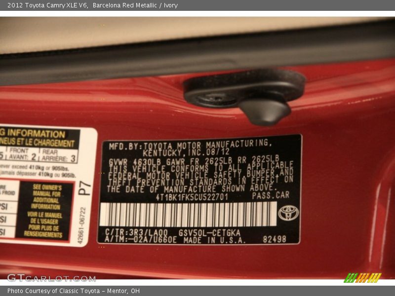 Barcelona Red Metallic / Ivory 2012 Toyota Camry XLE V6
