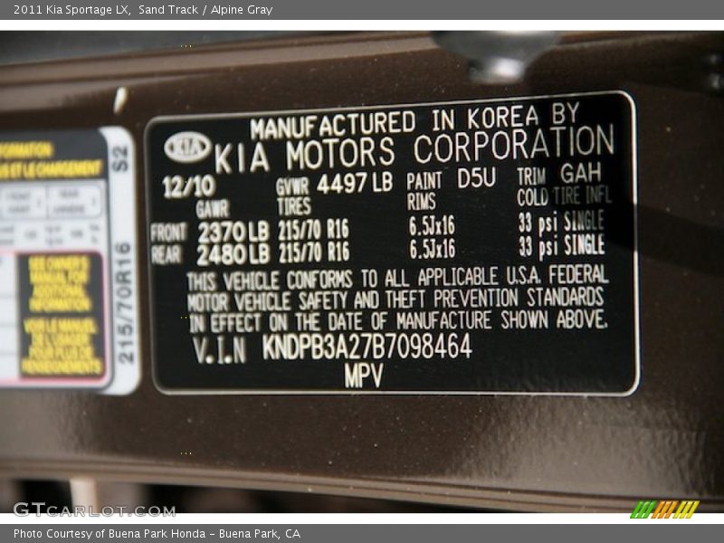 Sand Track / Alpine Gray 2011 Kia Sportage LX