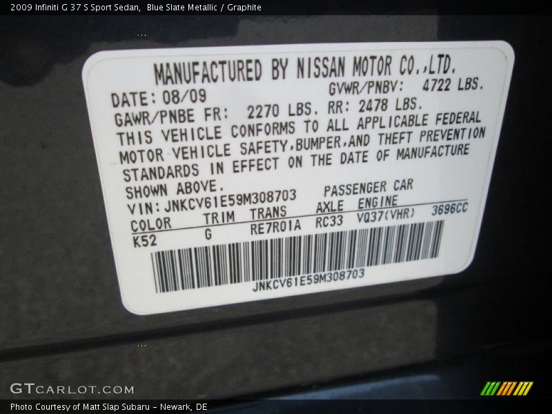 Blue Slate Metallic / Graphite 2009 Infiniti G 37 S Sport Sedan