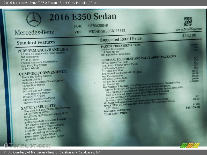 Steel Grey Metallic / Black 2016 Mercedes-Benz E 350 Sedan