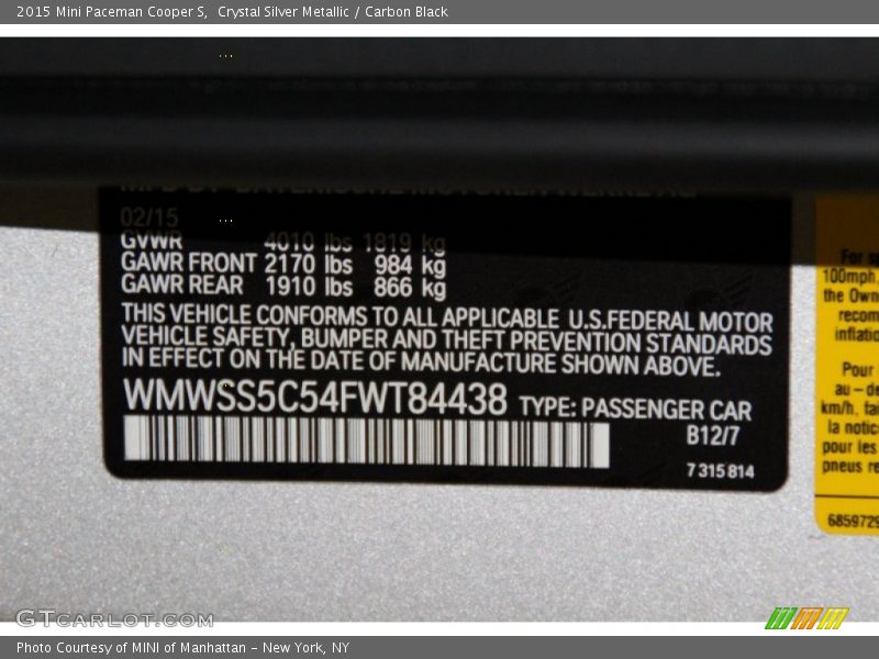 Crystal Silver Metallic / Carbon Black 2015 Mini Paceman Cooper S