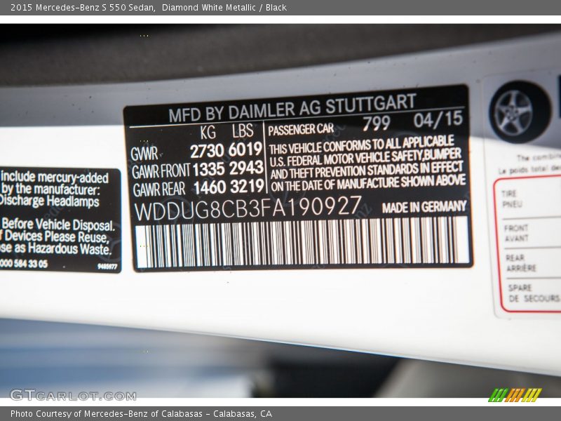 Diamond White Metallic / Black 2015 Mercedes-Benz S 550 Sedan