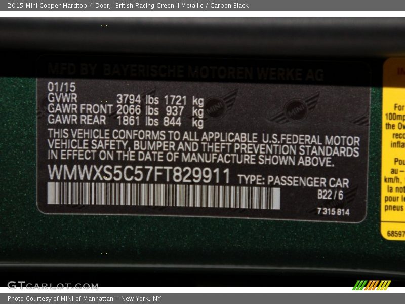 British Racing Green II Metallic / Carbon Black 2015 Mini Cooper Hardtop 4 Door