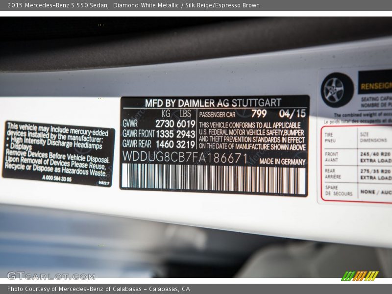 Diamond White Metallic / Silk Beige/Espresso Brown 2015 Mercedes-Benz S 550 Sedan