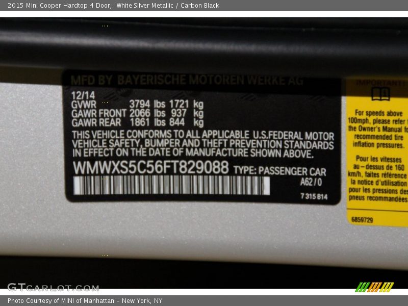 White Silver Metallic / Carbon Black 2015 Mini Cooper Hardtop 4 Door
