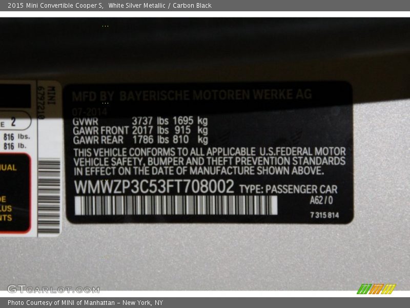 White Silver Metallic / Carbon Black 2015 Mini Convertible Cooper S