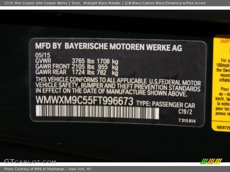 Midnight Black Metallic / JCW Black/Carbon Black/Dinamica w/Red Accent 2015 Mini Cooper John Cooper Works 2 Door