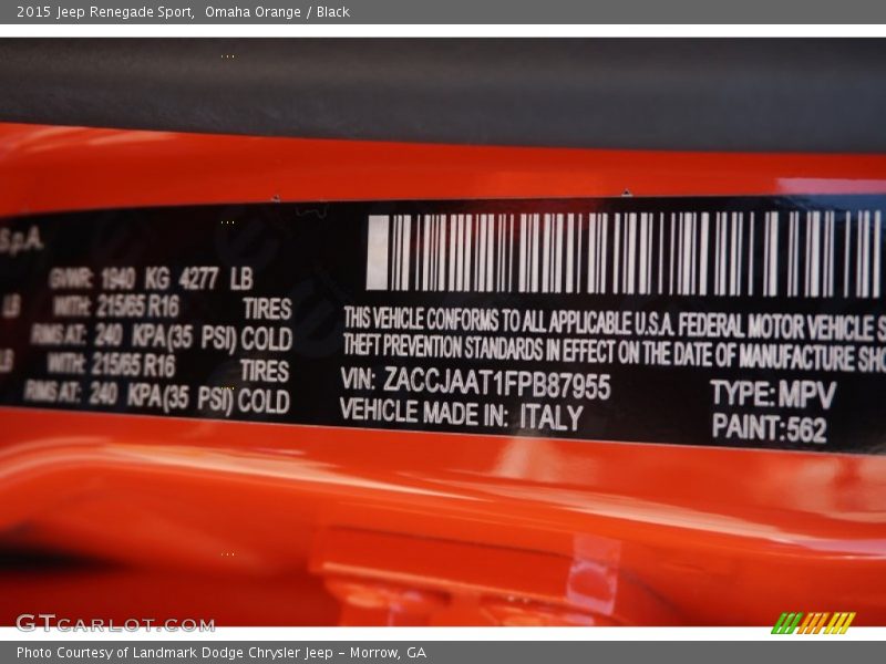 2015 Renegade Sport Omaha Orange Color Code 562