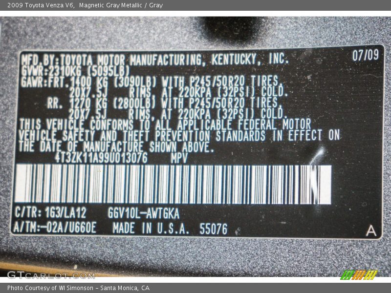 Magnetic Gray Metallic / Gray 2009 Toyota Venza V6