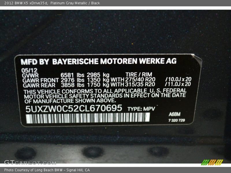 Platinum Gray Metallic / Black 2012 BMW X5 xDrive35d