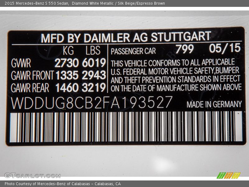 Diamond White Metallic / Silk Beige/Espresso Brown 2015 Mercedes-Benz S 550 Sedan