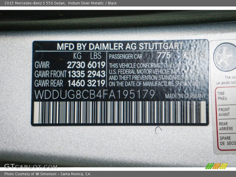Iridium Silver Metallic / Black 2015 Mercedes-Benz S 550 Sedan