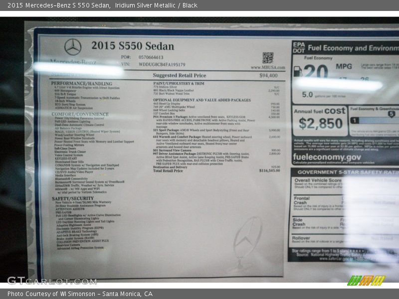 Iridium Silver Metallic / Black 2015 Mercedes-Benz S 550 Sedan