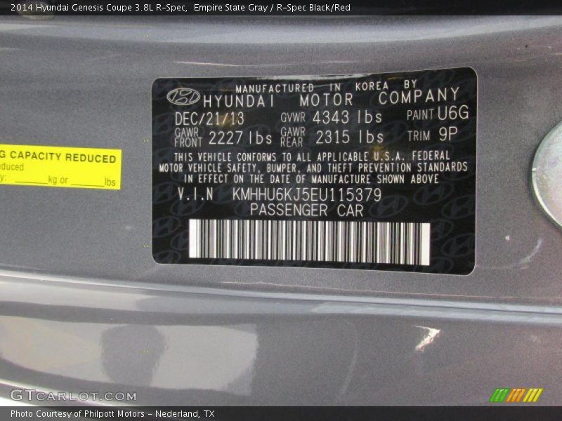 2014 Genesis Coupe 3.8L R-Spec Empire State Gray Color Code U6G