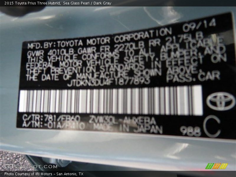 Sea Glass Pearl / Dark Gray 2015 Toyota Prius Three Hybrid