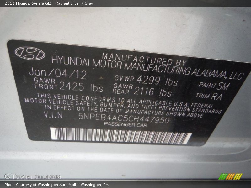 Radiant Silver / Gray 2012 Hyundai Sonata GLS