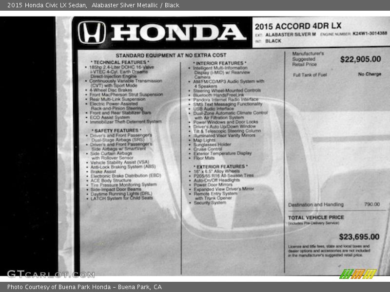 Alabaster Silver Metallic / Black 2015 Honda Civic LX Sedan